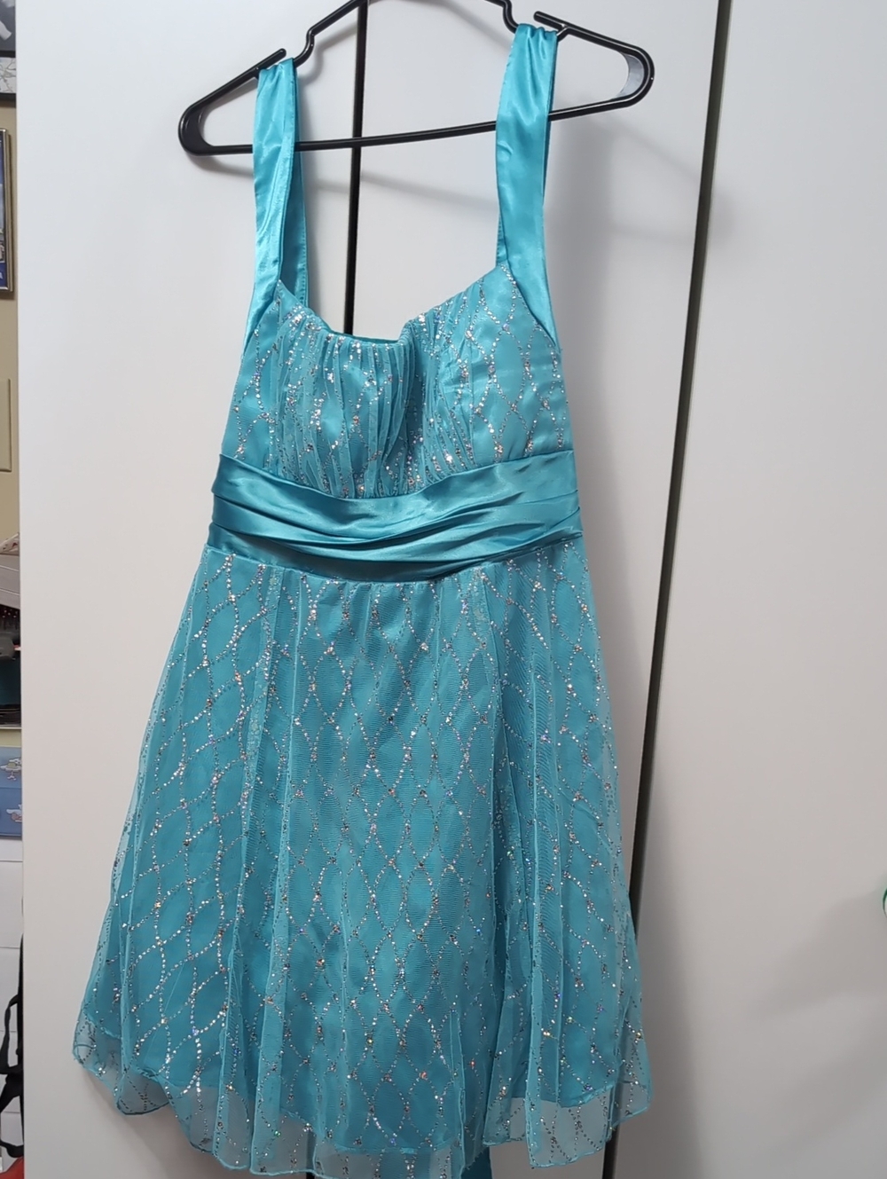 Ladies' Sparkle Aqua Party Dress with Satin Waistband